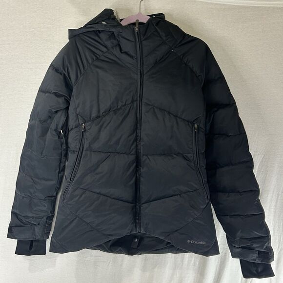 Columbia Thermal Omni Heat Hooded Duck Down Black Puffer Ski Jacket Womens large - Picture 1 of 15